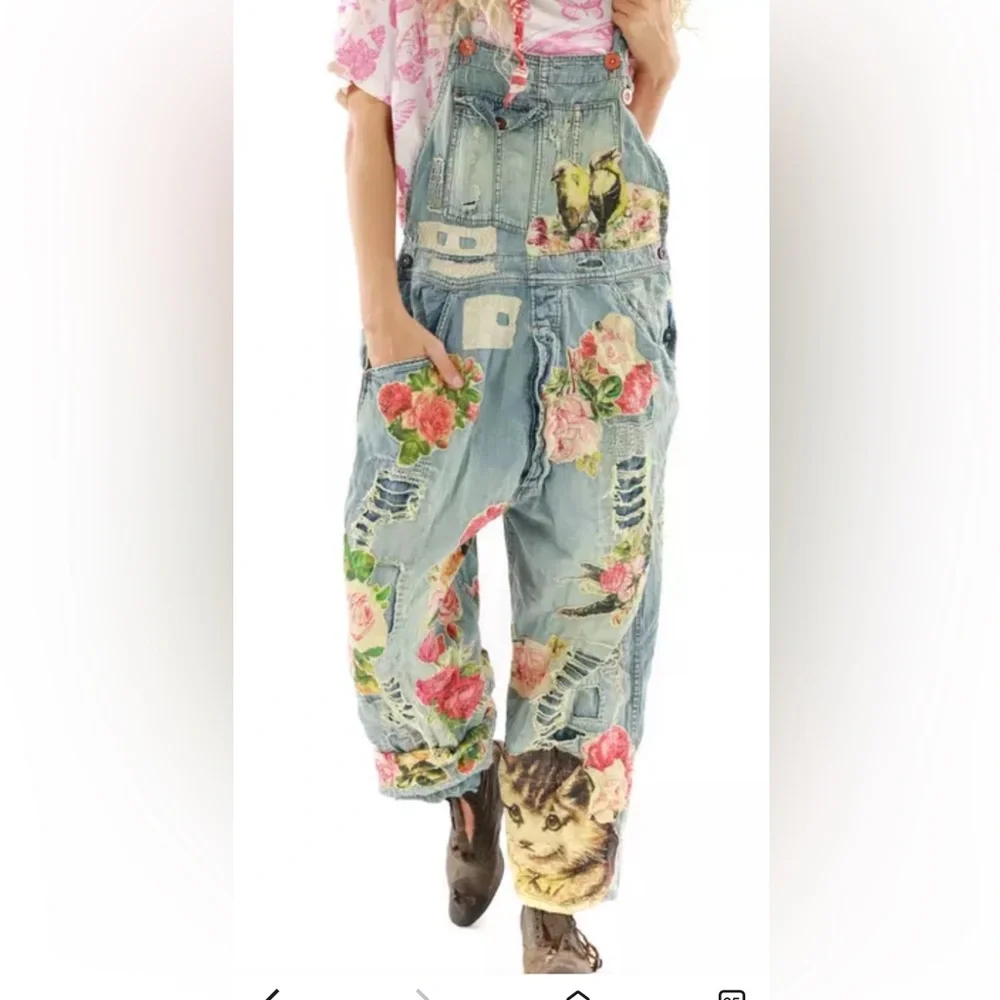 Magnolia Pearl floral appliqué denim overalls hand-distressing, fading - Picture 1 of 10